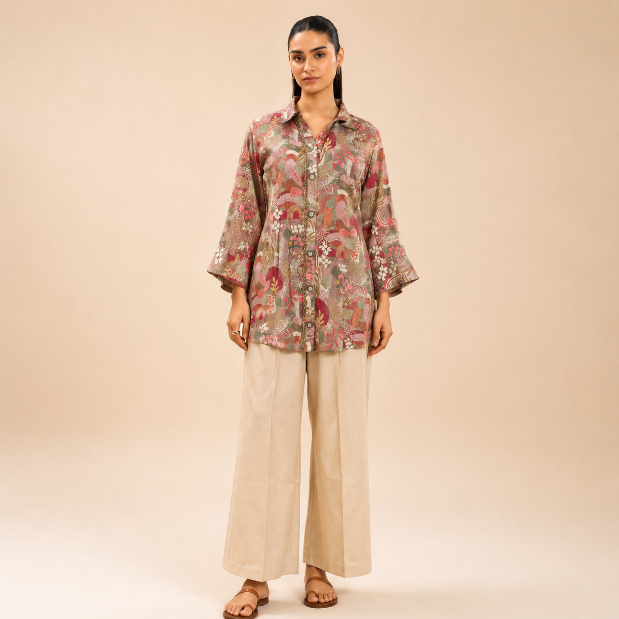Floral Printed Long Kurti with Beige Straight Pants